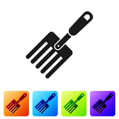 Siyah Bahçe çatal simgesi beyaz arka planda izole. Pitchfork simgesi. Bahçecilik, tarım, Tarım için araç. Renk kare düğmelerinde simgeyi ayarlayın. Vektör Illustration