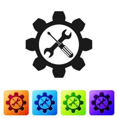 Siyah bakım sembolü-anahtar ve tornavida beyaz arka planda izole dişli simgesi. Servis aracı sembolü. Renk kare düğmelerinde simgeyi ayarlayın. Vektör Illustration