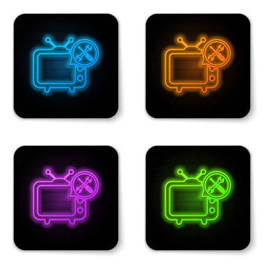 Beyaz arka planda yalıtılmış tornavida ve anahtar simgesi ile parlayan Neon TV. Ayarlama, hizmet, ayarlama, bakım, onarım, sabitleme. Siyah kare düğmesi. Vektör Illustration