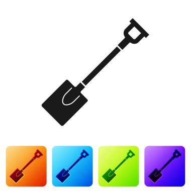 Siyah Bahçe kürek simgesi beyaz arka planda izole. Bahçe aracı. Bahçecilik, tarım, Tarım için araç. Renk kare düğmelerinde simgeyi ayarlayın. Vektör Illustration