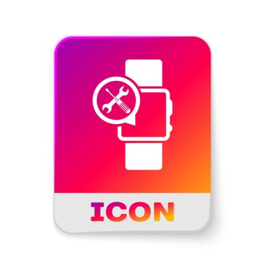 Beyaz arka planda izole edilmiş tornavida ve anahtar simgesi ile White SmartWatch. Ayarlama, hizmet, ayarlama, bakım, onarım, sabitleme. Dikdörtgen renk düğmesi. Vektör Illustration