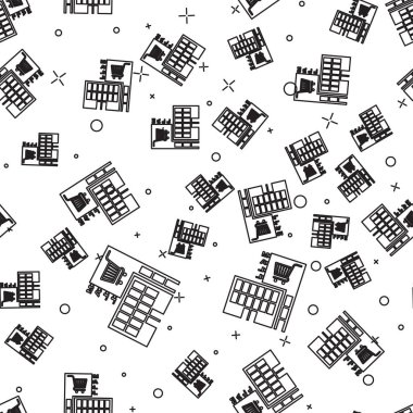 Siyah çizgi Mall veya süpermarket binası ile alışveriş sepeti simgesi izole Dikişsiz desen beyaz arka plan üzerinde. Alışveriş yapın ya da saklayın. Vektör Illustration