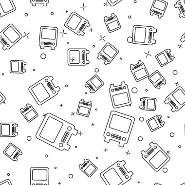 Siyah çizgi veri yolu simgesi beyaz arka planda yalıtılmış Dikişsiz desen. Ulaşım konsepti. Otobüs turu taşıma işareti. Turizm veya kamu araç sembolü. Vektör Illustration