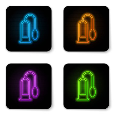 Glowing neon Penis pump icon isolated on white background. Penis enlarger. Sex toy for men. Vacuum pump with a blower to increase the penis. Black square button. Vector Illustration