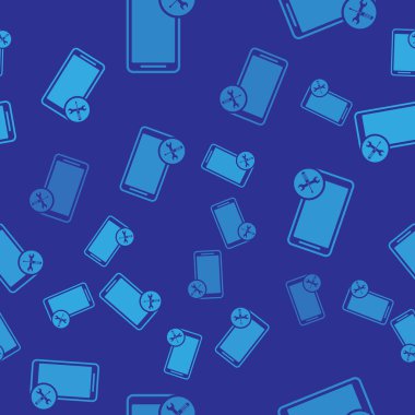 Mavi arka planda tornavida ve anahtar simgesi izole Dikişsiz desen ile Blue smartphone. Ayarlama, hizmet, ayarlama, bakım, onarım, sabitleme. Vektör Illustration