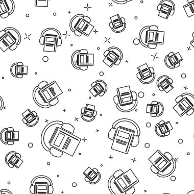 Siyah çizgi sesli kitap simgesi beyaz arka planda yalıtılmış Dikişsiz desen. Kulaklıkla kitap. Ses kılavuzu işareti. Online öğrenme konsepti. Vektör Illustration