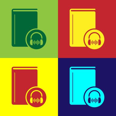 Renk arka plan üzerinde izole renkli ses kitap simgesi. Kulaklıkla kitap. Ses kılavuzu işareti. Online öğrenme konsepti. Vektör Illustration