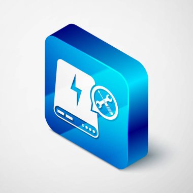 Beyaz arka planda yalıtılmış tornavida ve anahtar simgesi olan izometrik güç Bankası. Ayarlama, hizmet, ayarlama, bakım, onarım, sabitleme. Mavi kare düğmesi. Vektör Illustration