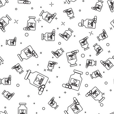 Siyah çizgi tıp şişesi ilaçları ile potens, afrodizyak simgesi izole Dikişsiz desen beyaz arka plan üzerinde. Erkekler ve kadınlar için seks hapları. Vektör Illustration