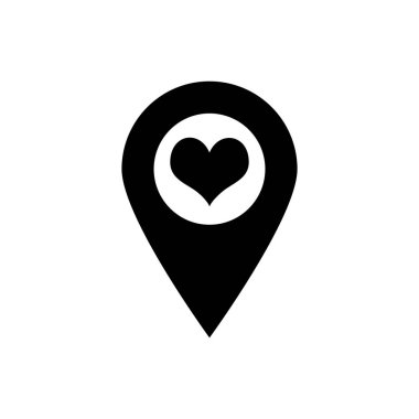 Beyaz arka planda izole kalp simgesi ile siyah harita işaretçisi. Vektör Illustration