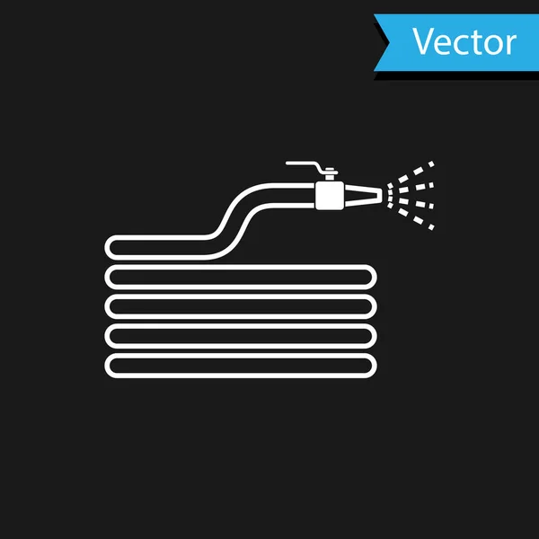 Mangueira de jardim branco ou ícone de mangueira de incêndio isolado no fundo preto. Ícone de pistola de pulverização. Equipamento de rega. Ilustração vetorial — Vetor de Stock