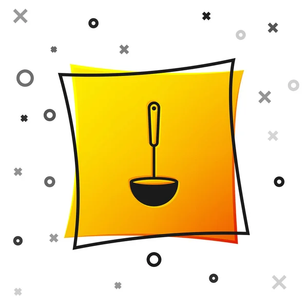 Ícone de concha de cozinha preto isolado no fundo branco. Utensílio de cozinha. Sinal de colher de talheres. Botão quadrado amarelo. Ilustração vetorial —  Vetores de Stock