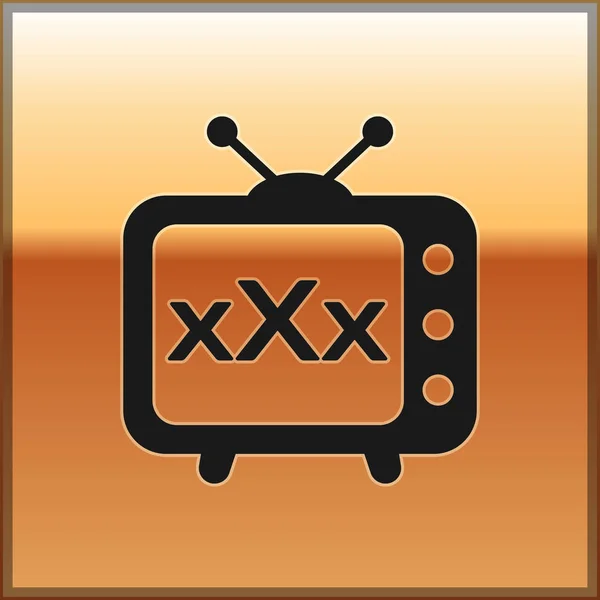 Negro XXX tv viejo icono de la televisión aislado en el fondo de oro. Símbolo de restricción. 18 más signo de contenido. Canal adulto. Ilustración vectorial — Vector de stock