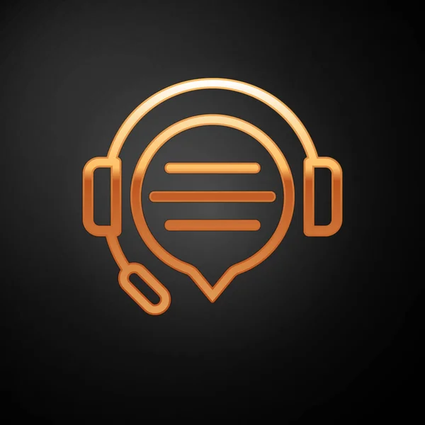 金色耳机与语音气泡聊天图标隔离在黑色背景。支持客户服务,热线,呼叫中心,常见问题,维护。矢量插图 — 图库矢量图片