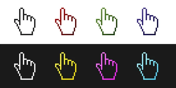 Definir Pixel ícone cursor mão isolado no fundo preto e branco. Cursor de ponteiro. Ilustração vetorial — Vetor de Stock