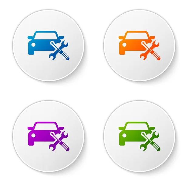 Farbauto mit Schraubenzieher und Schraubenschlüssel-Symbol isoliert auf weißem Hintergrund. Anpassung, Service, Einstellung, Wartung, Reparatur, Reparatur. setzen Sie Symbole in Kreis-Buttons. Vektorillustration — Stockvektor