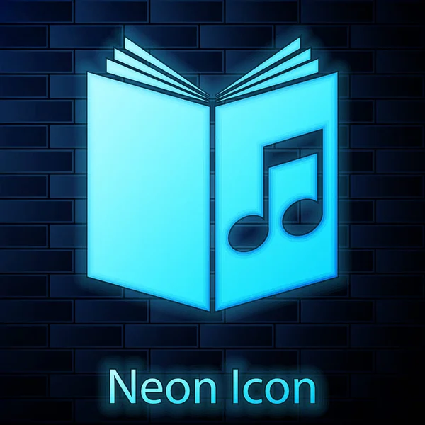 Gloeiende neon audio boekpictogram geïsoleerd op bakstenen muur achtergrond. Muzikale noot met boek. Audio gids ondertekenen. Online Leerconcept. Vector illustratie — Stockvector