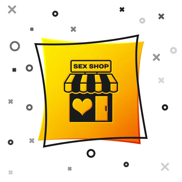흰색 배경에 고립 된 줄무늬 차양 아이콘이있는 검은 섹스 숍 건물. 섹스 숍, 온라인 섹스 스토어, 성인 에로틱 한 제품 개념. 노란색 사각형 버튼입니다. 벡터 일러스트레이션 — 스톡 벡터