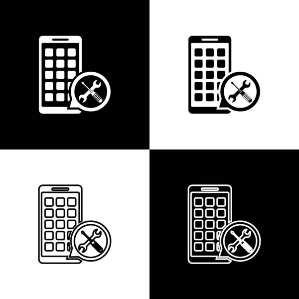 Establecer aplicaciones móviles con destornillador y el icono de la llave inglesa aislado en fondo blanco y negro. Ajuste, servicio, ajuste, mantenimiento, reparación, fijación. Ilustración vectorial — Vector de stock