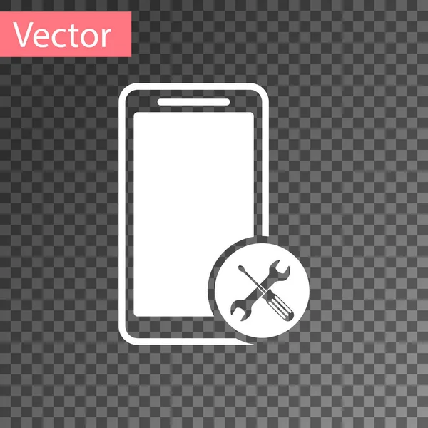 Smartphone blanco con destornillador e icono de llave inglesa aislado sobre fondo transparente. Ajuste, servicio, ajuste, mantenimiento, reparación, fijación. Ilustración vectorial — Vector de stock