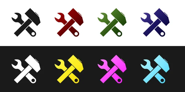 Set Icono de martillo y llave cruzada aislado sobre fondo blanco y negro. Herramientas de hardware. Ilustración vectorial — Archivo Imágenes Vectoriales