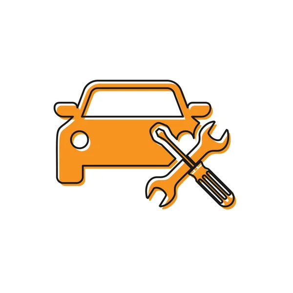 Carro laranja com chave de fenda e ícone chave de fenda isolado no fundo branco. Ajuste, serviço, configuração, manutenção, reparação, fixação. Ilustração vetorial — Vetor de Stock
