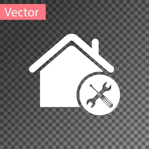 Weißes Haus oder Haus mit Schraubenzieher und Schraubenschlüssel-Symbol isoliert auf transparentem Hintergrund. Anpassung, Service, Einstellung, Wartung, Reparatur, Reparatur. Vektorillustration — Stockvektor