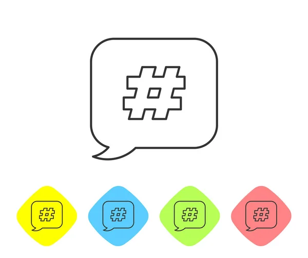 Grey line Hashtag speech bubble icon isolated on white background. Concept of number sign, social media marketing, micro blogging. Set icon in color rhombus buttons. Vector Illustration — Stock Vector