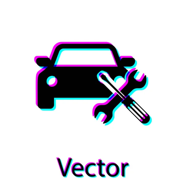 Black Car with screwdriver and wrench icon isolated on white background. Adjusting, service, setting, maintenance, repair, fixing. Vector Illustration — Stock Vector
