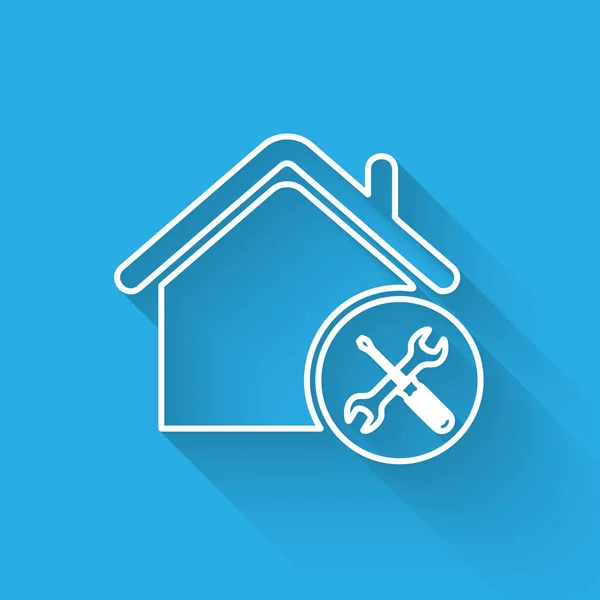 White line House or home with screwdriver and wrench icon isolated with long shadow. Adjusting, service, setting, maintenance, repair, fixing. Vector Illustration — Stock Vector