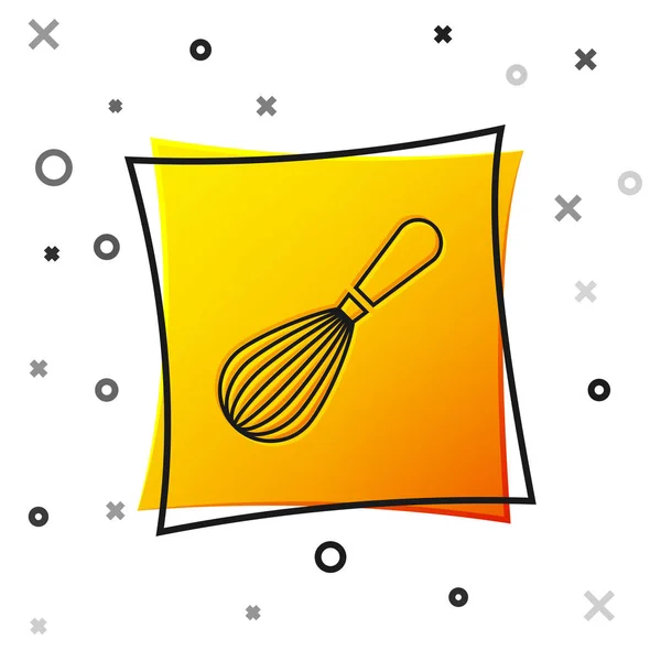 Schwarzer Küchenbesen-Symbol isoliert auf weißem Hintergrund. Kochgeschirr, Eierbecher. Besteckschild. Lebensmittel-Mix-Symbol. gelber quadratischer Knopf. Vektorillustration — Stockvektor
