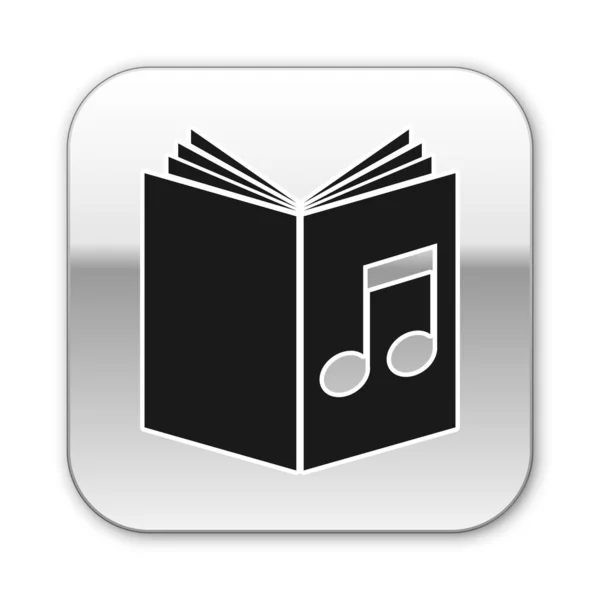 Черная иконка аудиокниги на белом фоне. Музыкальная нота с книгой. Звуковой указатель. Концепция онлайн обучения. Серебряная кнопка. Векторная миграция — стоковый вектор