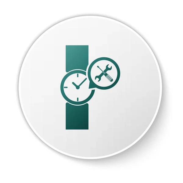 Πράσινο ρολόι καρπού με κατσαβίδι και εικονίδιο με κλειδί απομονωμένο σε λευκό φόντο. Ρύθμιση, εξυπηρέτηση, ρύθμιση, συντήρηση, επισκευή, επιδιόρθωση. Κουμπί λευκού κύκλου. Απεικόνιση διανυσματικών φορέων — Διανυσματικό Αρχείο