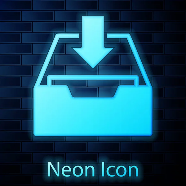 Leuchtende Neon-Download-Posteingangssymbol isoliert auf Backsteinwand Hintergrund. zum Archiv hinzufügen. Vektorillustration — Stockvektor