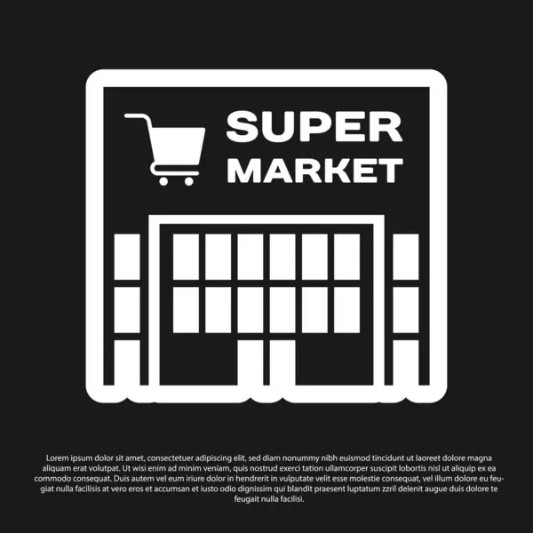 Edificio de supermercado negro con icono de carrito de compras aislado sobre fondo negro. Tienda o tienda. Edificio del centro comercial. Ilustración vectorial — Archivo Imágenes Vectoriales