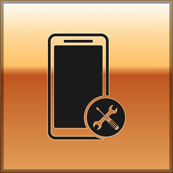 Smartphone negro con destornillador e icono de llave inglesa aislado sobre fondo dorado. Ajuste, servicio, ajuste, mantenimiento, reparación, fijación. Ilustración vectorial — Vector de stock