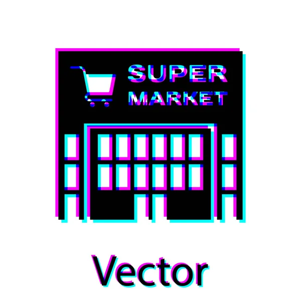 Edifício Black Supermarket com ícone de carrinho de compras isolado em fundo branco. Loja ou loja. Construção de centros comerciais. Ilustração vetorial — Vetor de Stock