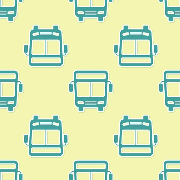 노란색 배경에 녹색 버스 아이콘 격리 원활한 패턴. 교통 개념입니다. 버스 투어 교통 표지판. 관광 또는 공공 차량 기호입니다. 벡터 일러스트레이션 — 스톡 벡터
