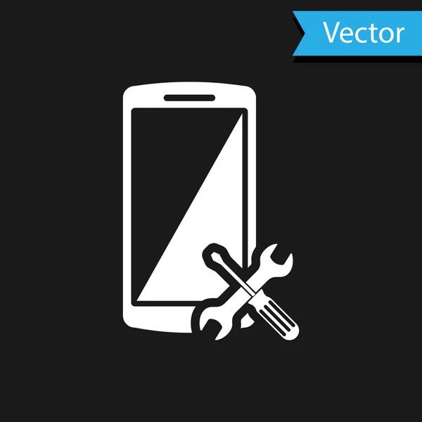 Weißes Smartphone mit Schraubenzieher und Schraubenschlüssel-Symbol isoliert auf schwarzem Hintergrund. Anpassung, Service, Einstellung, Wartung, Reparatur, Reparatur. Vektorillustration — Stockvektor