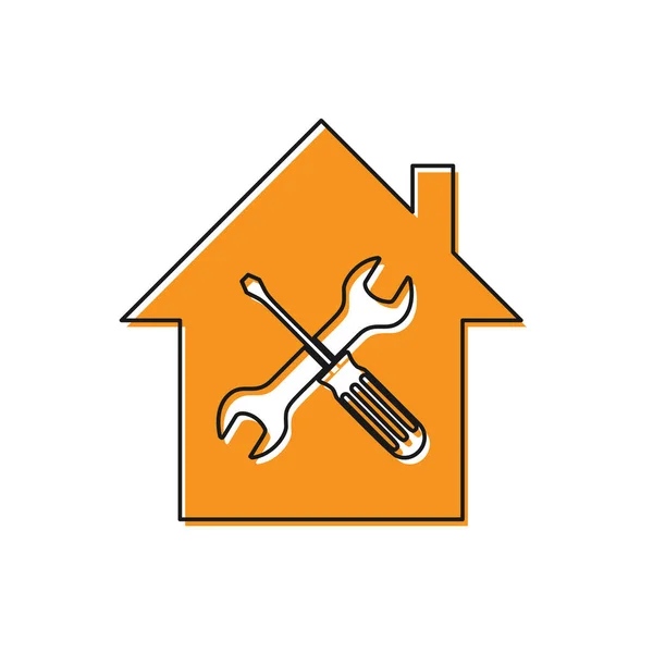 Orange Haus oder zu Hause mit Schraubenzieher und Schraubenschlüssel-Symbol isoliert auf weißem Hintergrund. Anpassung, Service, Einstellung, Wartung, Reparatur, Reparatur. Vektorillustration — Stockvektor