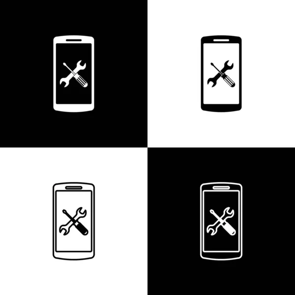 Set Smartphone mit Schraubenzieher und Schraubenschlüssel-Symbol isoliert auf schwarz-weißem Hintergrund. Anpassung, Service, Einstellung, Wartung, Reparatur, Reparatur. Vektorillustration — Stockvektor