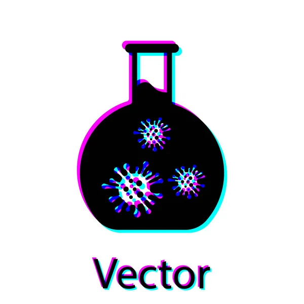 Schwarzes Labor-Reagenzglas mit Virus und Bakterien-Symbol auf weißem Hintergrund. Analyse Mikroorganismus, Forschung, Diagnose. Vektorillustration — Stockvektor