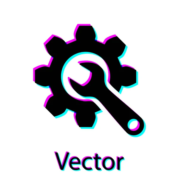 Llave negra e icono de engranaje aislados sobre fondo blanco. Ajuste, servicio, ajuste, mantenimiento, reparación, fijación. Ilustración vectorial — Vector de stock