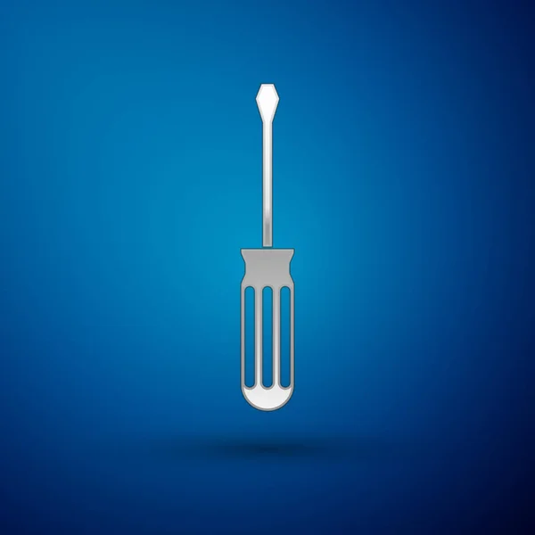 Cacciavite icona argento isolato su sfondo blu. Simbolo strumento di servizio. Illustrazione vettoriale — Vettoriale Stock