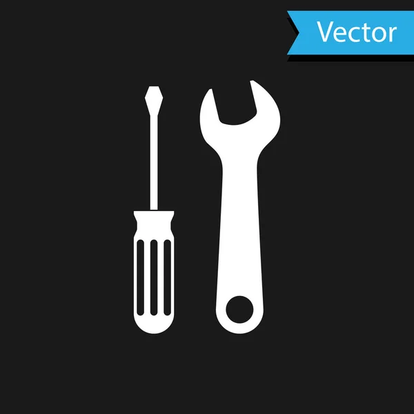 Weißer Schraubendreher und Schraubenschlüssel Symbole isoliert auf schwarzem Hintergrund. Service-Tool-Symbol. Vektorillustration — Stockvektor