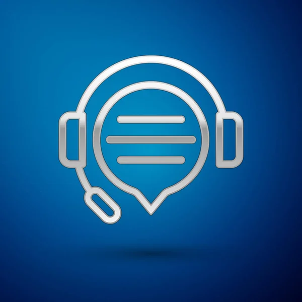 Auriculares de plata con el icono de la burbuja de voz de chat aislado sobre fondo azul. Servicio al cliente de soporte, línea directa, centro de llamadas, preguntas frecuentes, mantenimiento. Ilustración vectorial — Archivo Imágenes Vectoriales