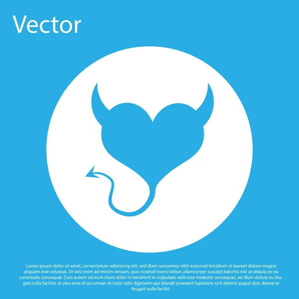 Coração de Diabo Azul com chifres e um ícone de cauda isolado no fundo azul. Símbolo do dia dos namorados. Botão de círculo branco. Ilustração vetorial — Vetor de Stock