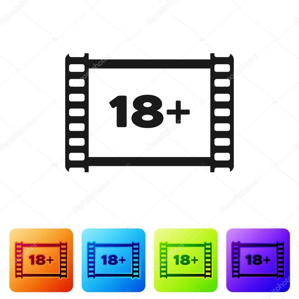 Black Play Video with inscription 18 plus icon isolated on white background. Age restriction symbol. 18 plus content sign. Adult channel. Set icon in color square buttons. Vector Illustration