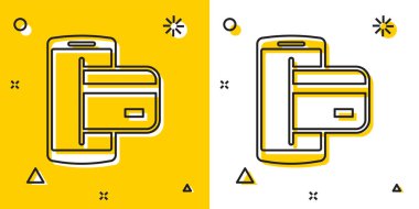 Siyah Nfc Ödeme simgesi sarı ve beyaz arka planda yalıtılmış. Mobil ödeme. Nfc akıllı telefon konsepti. Transfer simgesi. Rastgele dinamik şekiller. Vektör İllüstrasyonu