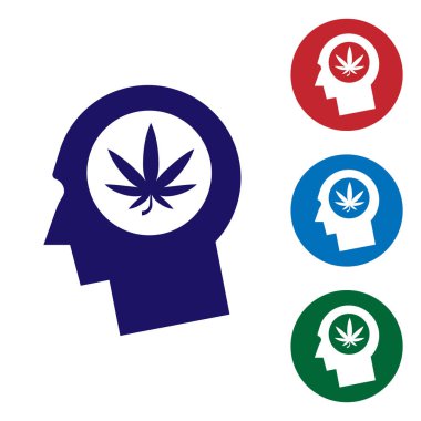 Beyaz arka plan üzerinde izole esrar veya esrar yaprağı simgesi ile profil erkek baş Mavi Siluet. Marihuana yasallaştırma. Kenevir sembolü. Renk simgelerini daire düğmelerinde ayarlayın. Vektör İllüstrasyonu